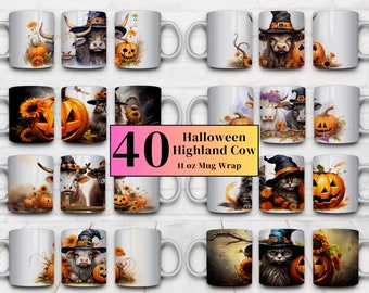 40 PNG Halloween Highland Cow  Bundle 11 oz Mug Sublimation Design, Instant Digital Download .