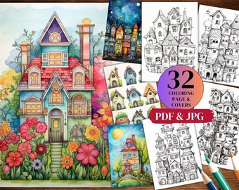 Libro para colorear con 32 casas dibujadas a mano, descarga instantánea en PDF para adultos.
