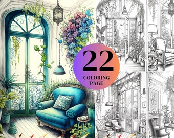 22 páginas para colorear de interiores de Atelier para salas de estar de fantasía, acogedoras, con plantas, para impresión digital.