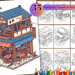 35 Japanese Restaurant Storefronts Coloring Book, Adult Printable Coloring Book,  Coloring Page, Shop House, Digital Download PDF.