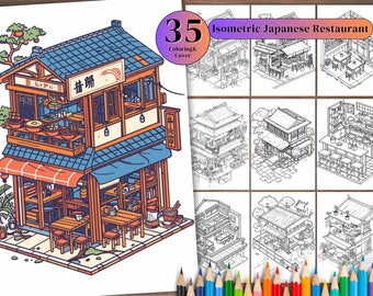 Japanese Restaurant Coloring Book: 35 Shop House Pages (Digital Download PDF)
