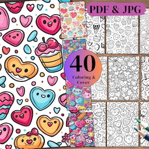 40 Hearts and Sweets Doodle Coloring Books , A4 Size Digital Downloads PDF & JPG Files.