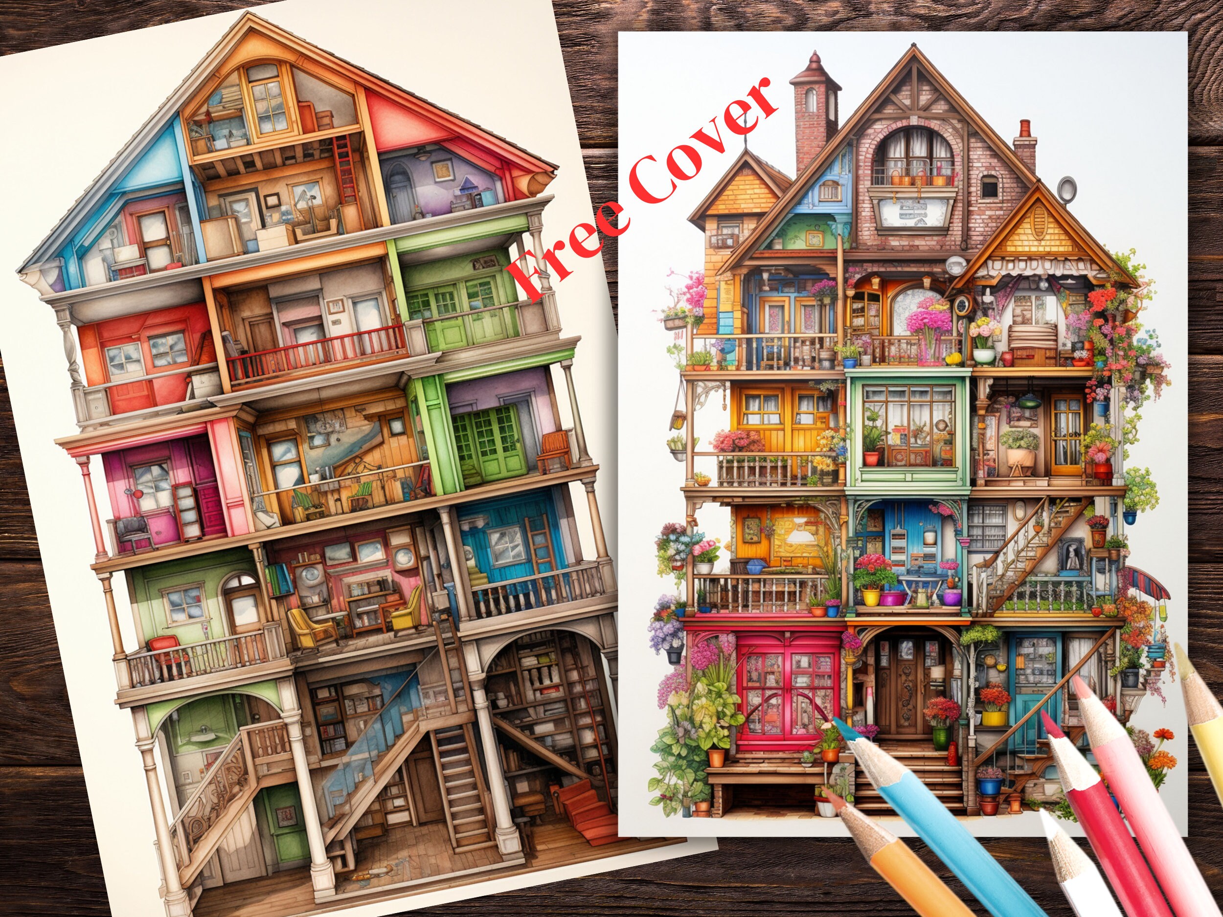 34 Dollhouse Coloring Pages Adults and Kids for Relax and Stress Relief, Grayscale Coloring Book ...