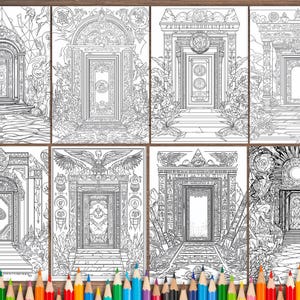 May include: A set of eight black and white coloring pages featuring intricate designs of doorways with ornate details. Each doorway is framed by a unique architectural style, including arches, columns, and decorative elements.