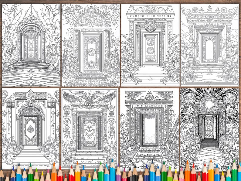 May include: A set of eight black and white coloring pages featuring intricate designs of doorways with ornate details. Each doorway is framed by a unique architectural style, including arches, columns, and decorative elements.