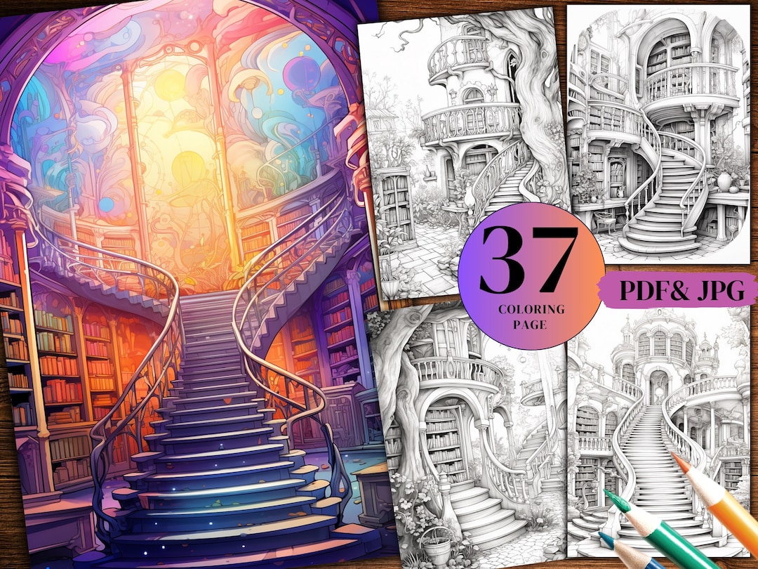 37 Fantasy Library Grayscale Coloring Pages (PDF & JPG) - Etsy
