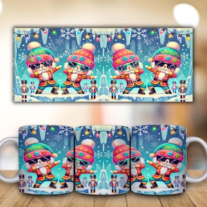 Könnte beinhalten: Eine weiße Keramiktasse und ein rechteckiges Wandbild mit einem skurrilen Weihnachtsdesign. Das Design zeigt Cartoon-Nussknacker mit Sonnenbrillen und bunten Hüten vor einer verschneiten Winterkulisse mit Schneeflocken und Lichterketten.