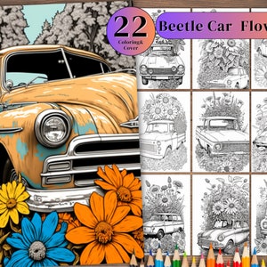 Coloriages Groovy Car & Flower : A4 rétro vintage (impression numérique)