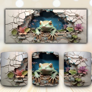 15 PNG 3d  Frog Flowers mug wrap, 11oz  mug wraps, hole in a wall mug wrap, mug sublimation design, animal mug wrap , Digital Downloads.