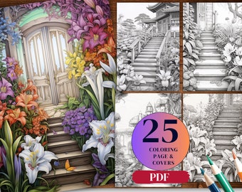 Flower Garden Coloring Book: 25 Printable Grayscale Designs (PDF & JPG)