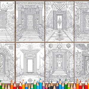May include: Eight black and white illustrations of ornate doorways with intricate details. Each doorway is framed by a decorative archway and features a unique design. The illustrations are perfect for coloring or using as inspiration for art projects.