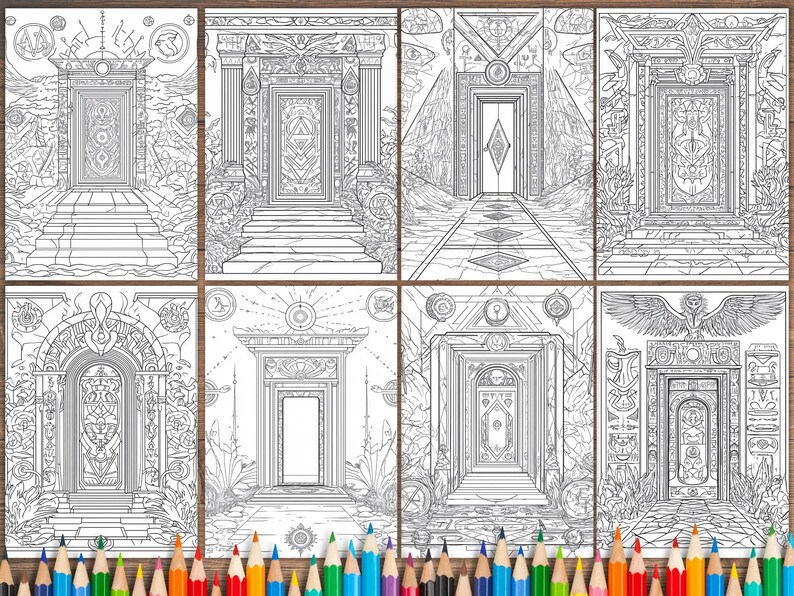 May include: Eight black and white illustrations of ornate doorways with intricate details. Each doorway is framed by a decorative archway and features a unique design. The illustrations are perfect for coloring or using as inspiration for art projects.