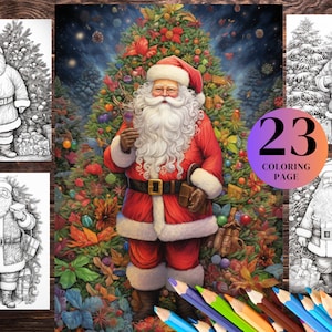 23 Santa Fantasy Coloring Book, Printable Xmas Santa Claus Coloring Pages, Grayscale Christmas Coloring Book for Adults and Kids.