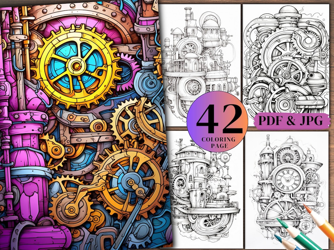 42 Steampunk Gears and Cogs Coloring Books ,A4 Size Digital Downloads ...