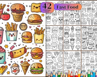 42 Fast Food Coloring Pages: Grayscale Yummy Food (Printable PDF)