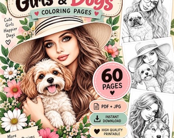 60 Girls and Dogs Coloring Pages Bundle: Relaxing Art (PDF)