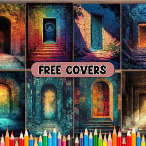 May include: A collage of ten digital images featuring various ornate doorways with different colors and textures. The images are arranged in a grid pattern and have a whimsical, fantasy-like aesthetic. The text "FREE COVERS" is displayed in a banner across the top of the collage.