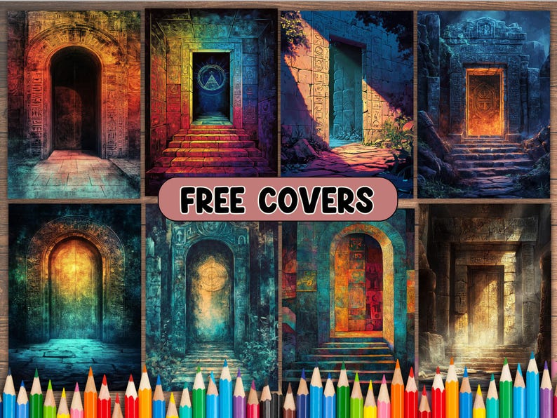 May include: A collage of ten digital images featuring various ornate doorways with different colors and textures. The images are arranged in a grid pattern and have a whimsical, fantasy-like aesthetic. The text "FREE COVERS" is displayed in a banner across the top of the collage.