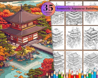 Può includere: Un libro da colorare con 35 illustrazioni isometriche di edifici giapponesi. La copertina mostra un'illustrazione colorata di un tempio giapponese tradizionale con uno stagno e foglie autunnali.
