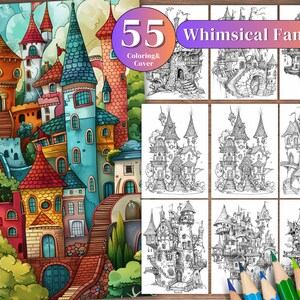 May include: A whimsical fantasy coloring book with 55 coloring pages and a cover featuring a colorful illustration of a castle town. The cover features a variety of buildings, including towers, turrets, and bridges. The buildings are decorated with intricate details, such as windows, doors, and chimneys. The illustration is set against a backdrop of lush green trees and a bright blue sky.