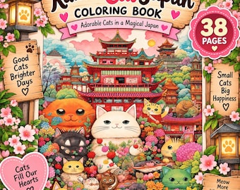 May include: A coloring book titled Kawaii Cat Japan featuring 38 pages of illustrations. The cover displays a red Japanese temple surrounded by flowers and various cartoon cats, with text including Good Cats Brighter Days and Meow More Worry Less.