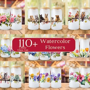 110 + Watercolor Flowers, Dogs Cats , Wol , 16 Oz Can Wrap Png , Digital Downloads.