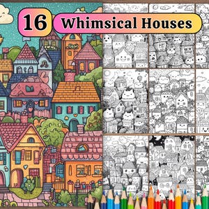 16 Whimsical Houses Coloring Page for Adults, Fantasy Home Printable Art, Hand Drawn Quirky Cottage Line Art, Digital Download .