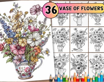 手描きの花瓶と花の塗り絵（デジタルダウンロード） - Etsy 日本