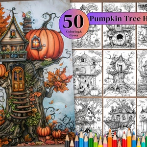 50 Pumpkin House Coloring Page Book, Printable PDF Sheets, Instant Download, Grayscale Coloring, Adults + Kids, Digital Downloads PDF Files.