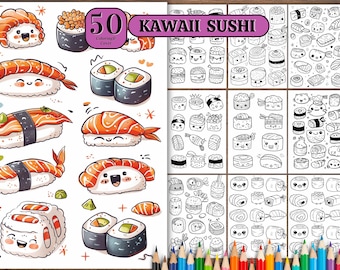 50 páginas para colorear de sushi kawaii: Arte culinario japonés (descarga digital)