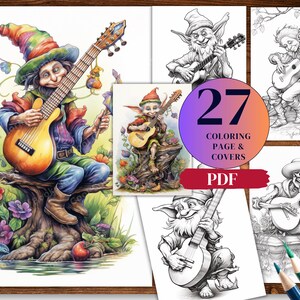 27 Funny Gnome with Guitar  Coloring Page - Adults Kids Coloring Page, Instant Download, Grayscale Coloring Page, Printable PDF& JPG.