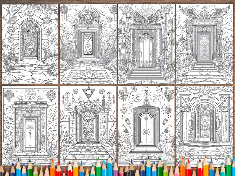 May include: Eight black and white coloring pages featuring intricate designs of doorways with various architectural details. Each doorway is surrounded by decorative elements, including geometric patterns, symbols, and floral motifs.