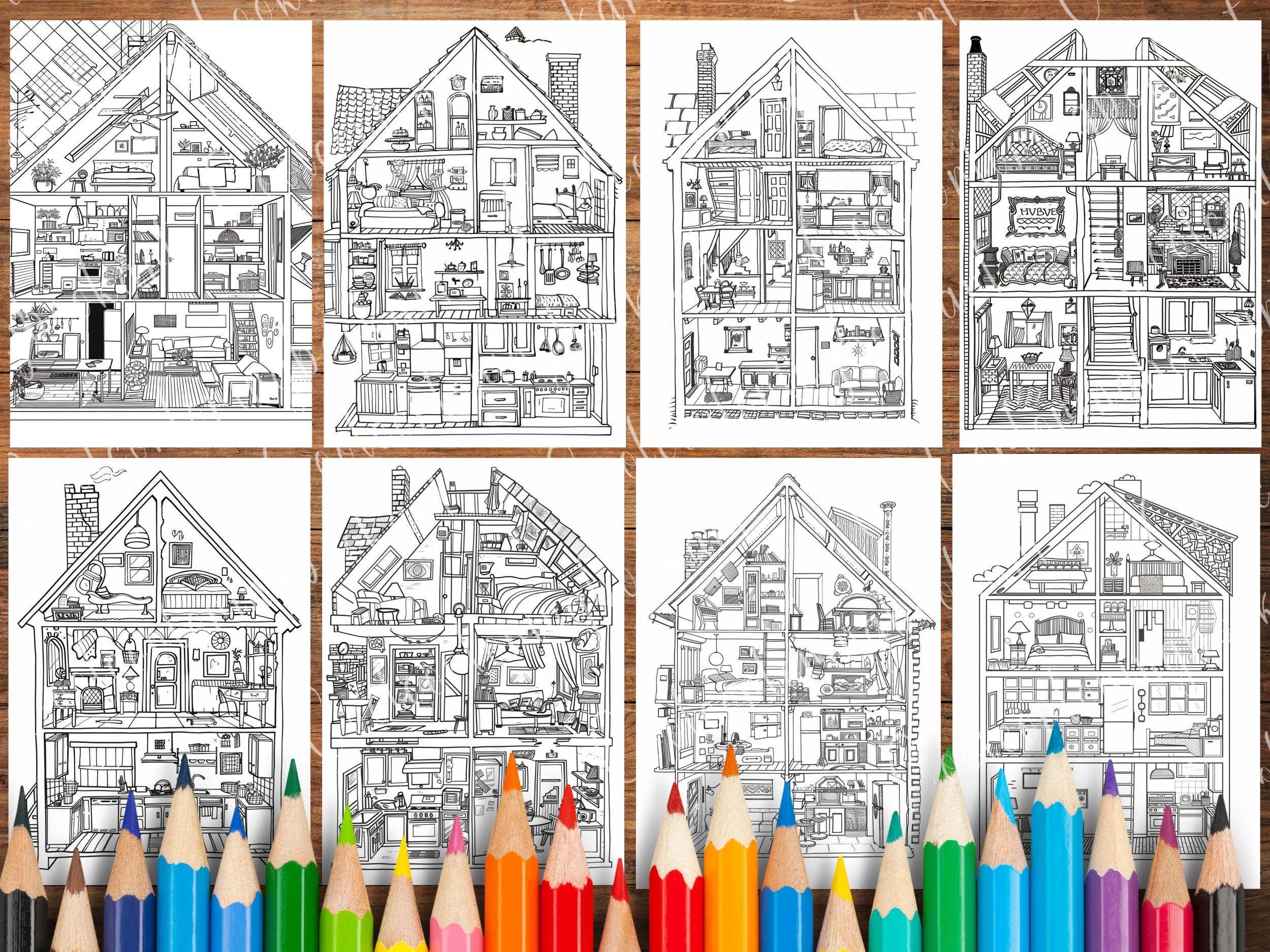 39 House Cross Section Coloring Book, House Interior Design Coloring ...