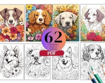 62 Hunde und Blumen Ausmalseiten für Erwachsene (Printable PDF)