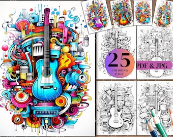 25 Music Doodle Coloring Pages: Musical Instruments (PDF & JPG)