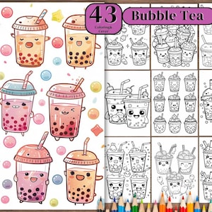 May include: A colouring book cover with the text "43 Coloring & Cover" and "Bubble Tea". The book features colourful and black and white illustrations of bubble tea drinks with cute faces, straws, and tapioca pearls.