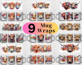 Highland Cow Daisy Mug Wrap Template: Coffee Mug Sublimation (Digital Download)