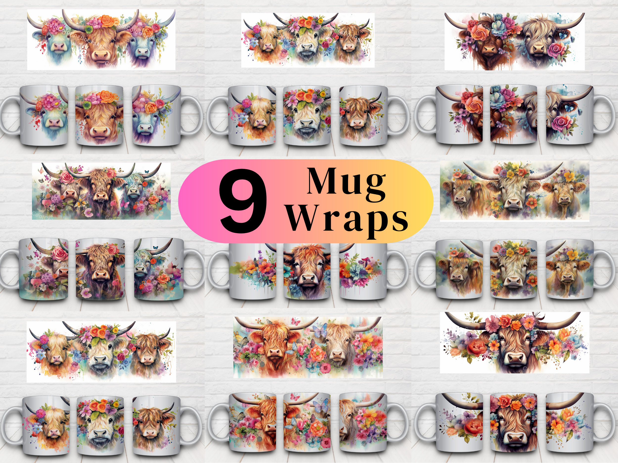 Highland Cow Daisy Mug Wrap Template: Coffee Mug Sublimation