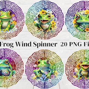 Può includere: Sei girandole rotonde, colorate e scintillanti con un designo a forma di rana. Ogni girandola presenta una rana verde con un'espressione diversa e circondata da fiori. Il testo "Frog Wind Spinner 20 PNG File" è stampato sotto le girandole.