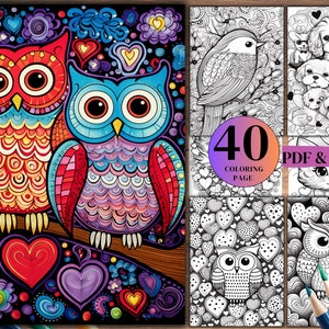 May include: A set of 40 coloring pages featuring owls, hearts, and other whimsical designs. The pages are available in PDF and JPG formats.