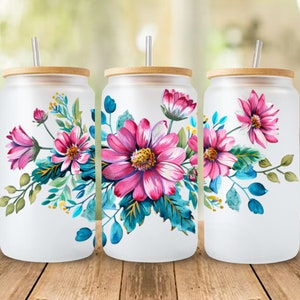 9 PNG Daisy Flowers  16oz glass can sublimation watercolor design-frosted-clear Glass can wrap PNG Digital Instant download.