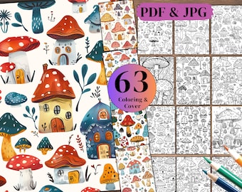 63 Doodle Mushroom Coloring Pages: Enchanted Forest, Grayscale (PDF & JPG)