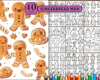 May include: A coloring book cover featuring a gingerbread man with 40 coloring pages. The cover has a white background with gingerbread men and other holiday-themed illustrations.