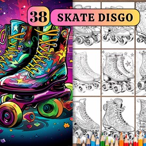 Op de afbeelding: Een paar kleurrijke rol schaatsen met een sterrenpatroon en gele veters. De schaatsen staan op een blauwe en paarse achtergrond met sterren en confetti. De afbeelding bevat ook een zwart-witte illustratie van dezelfde rol schaatsen, met de tekst "38 SKATE DISGO" boven de illustratie.