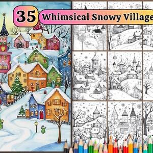 35 Whimsical Snowy Village Coloring Page for Adults, Winter Holiday Scene Printable Art, Cozy Christmas Line Drawing, Digital Download Sheet