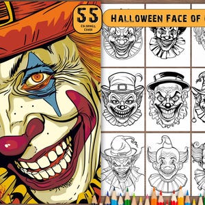 55 Halloween Gesicht des Clowns Gesicht Malseiten, Gruselige böse Clowns Malbuch, Printable PDF, Horror Gothic Zirkus Clown Malseiten.