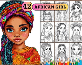May include: A digital coloring book featuring 42 illustrations of African girls with intricate hairstyles and traditional clothing. The cover image shows a girl with colorful braids and a headwrap.
