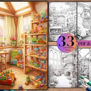 33  Children nursery room  Coloring Pages, Instant Download, Grayscale Coloring Book, Printable PDF - JPG Files.