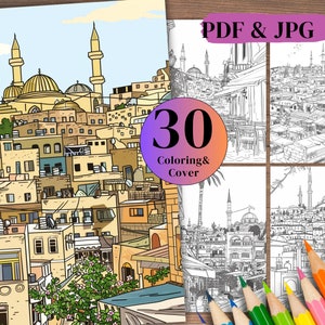 Puede incluir: Un libro para colorear con 30 páginas que presenta ilustraciones en blanco y negro de una ciudad con minaretes y mezquitas. La imagen de la portada muestra una ilustración a color de la misma ciudad. El texto "PDF & JPG" y "30 Coloring & Cover" es visible en la imagen.