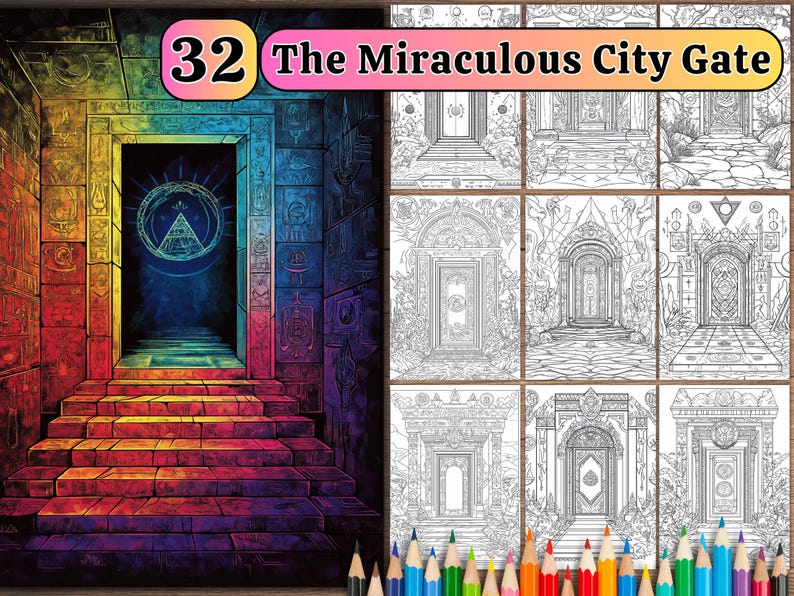 May include: A colorful illustration of a city gate with a rainbow staircase leading up to it. The gate is surrounded by intricate details and symbols. The title "32 The Miraculous City Gate" is displayed above the image.